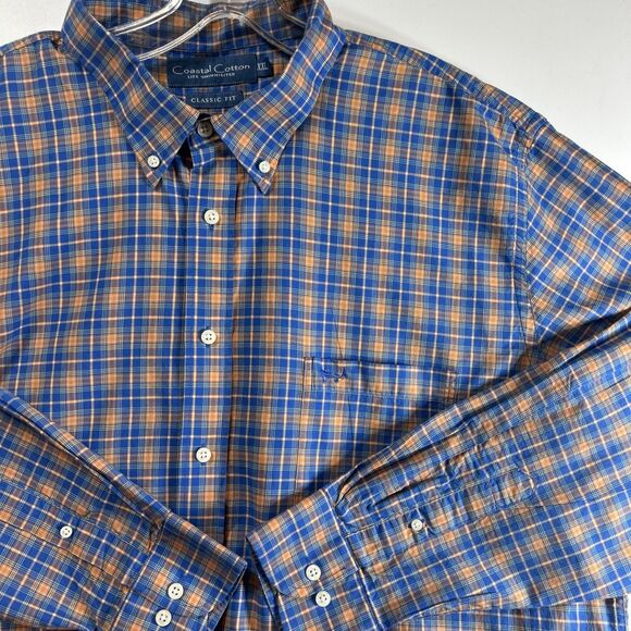 Coastal Cotton Plaid Long Sleeve Classic Fit Blue/Org Button Down Shirt Mens XXL - Picture 1 of 10